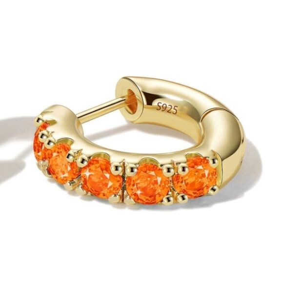 14K Yellow Gold Sterling Silver Orange Citrine Cubic Zirconia Huggie Earrings - Picture 8 of 8